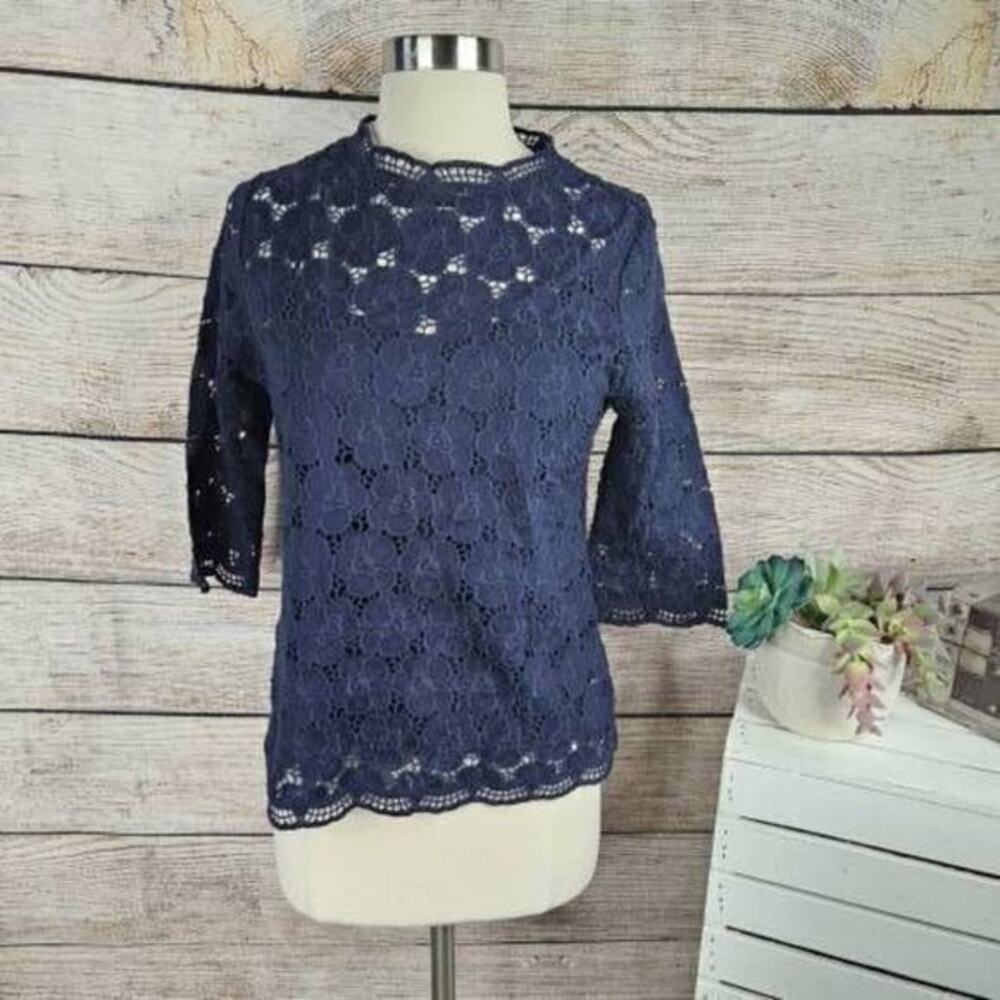 J. Crew Collection Lustre Lace Mockneck Top Navy Size Extra Small